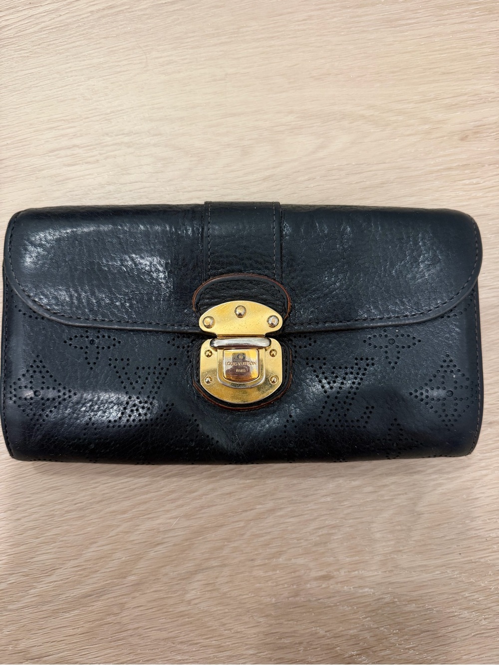 Louis Vuitton Black Leather Wallet with Gold Hardware